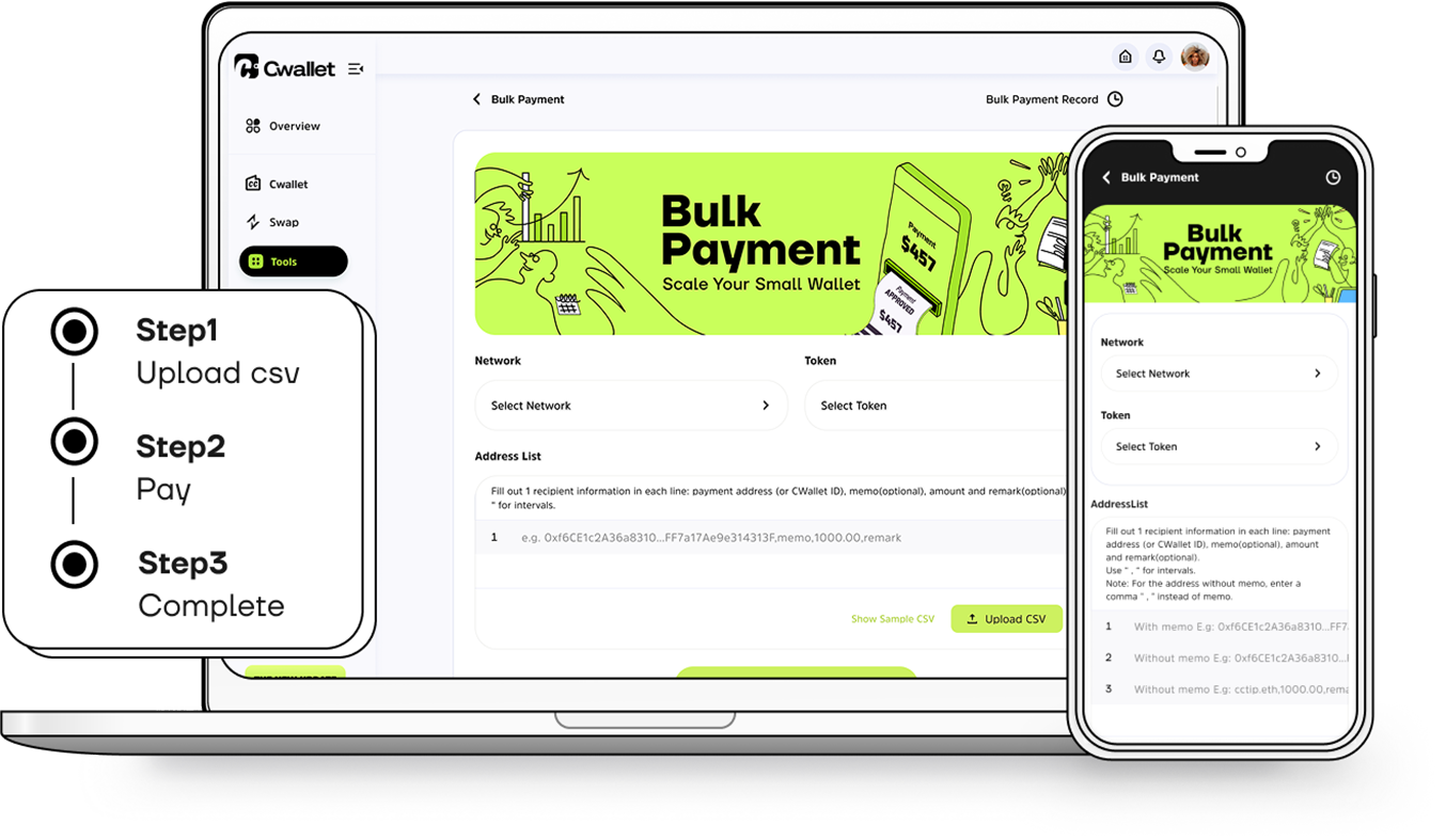 Send mass crypto orders, crypto bulk payments, auto payroll tool