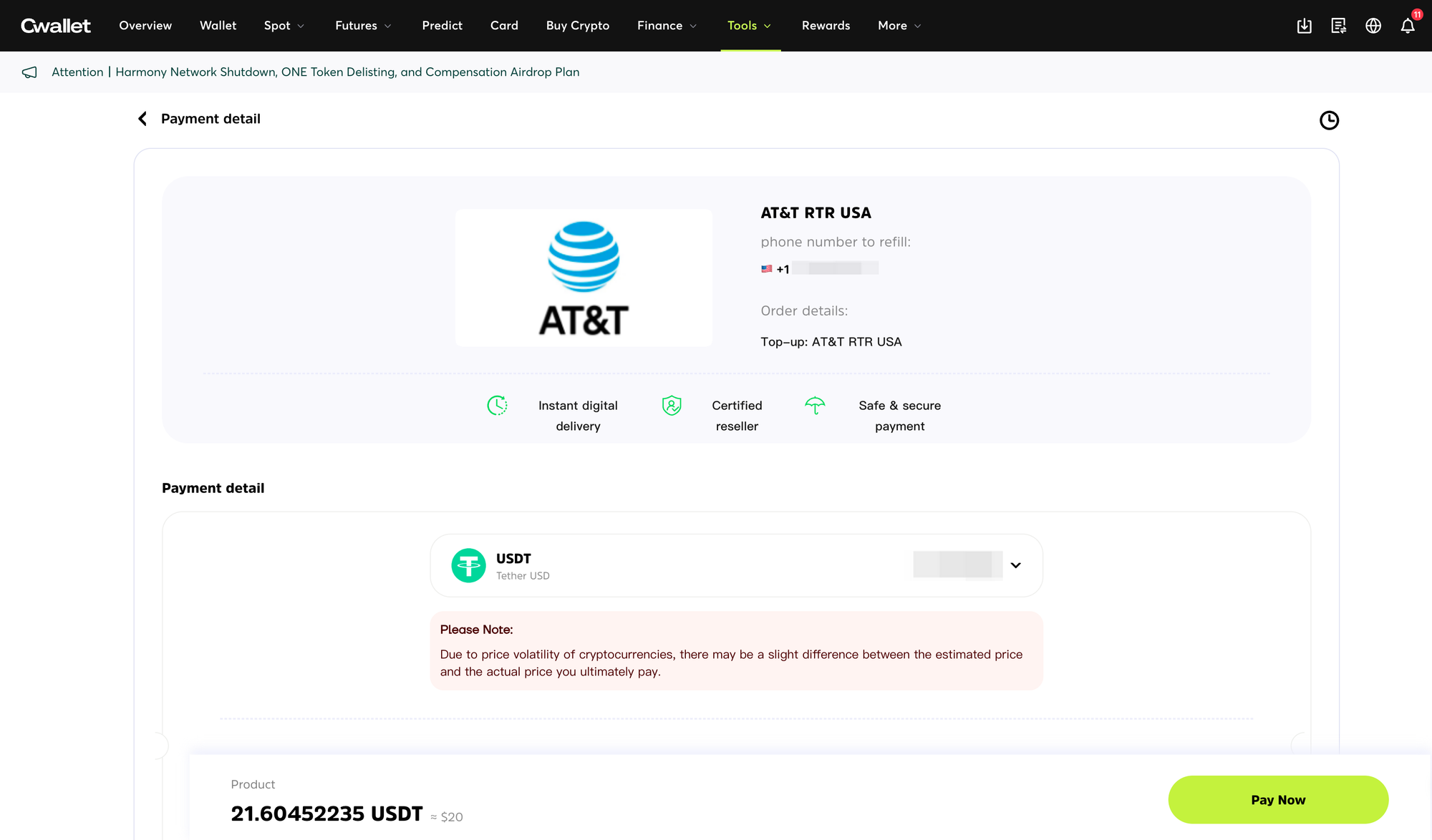 Reviewing USDT mobile top-up details before confirming payment on Cwallet
